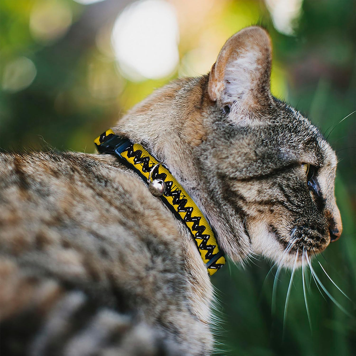 Close-up of the durable plastic breakaway clip on the yellow Buckle-Down Charlie Brown cat belt showing safety release mechanism.