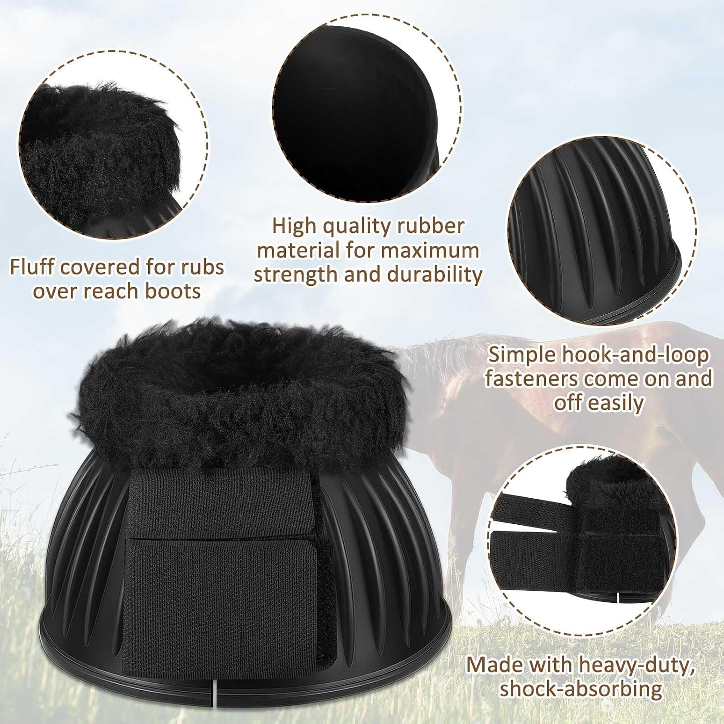 Abbylike large size black horse boots with measurements for equine ankle fitting.