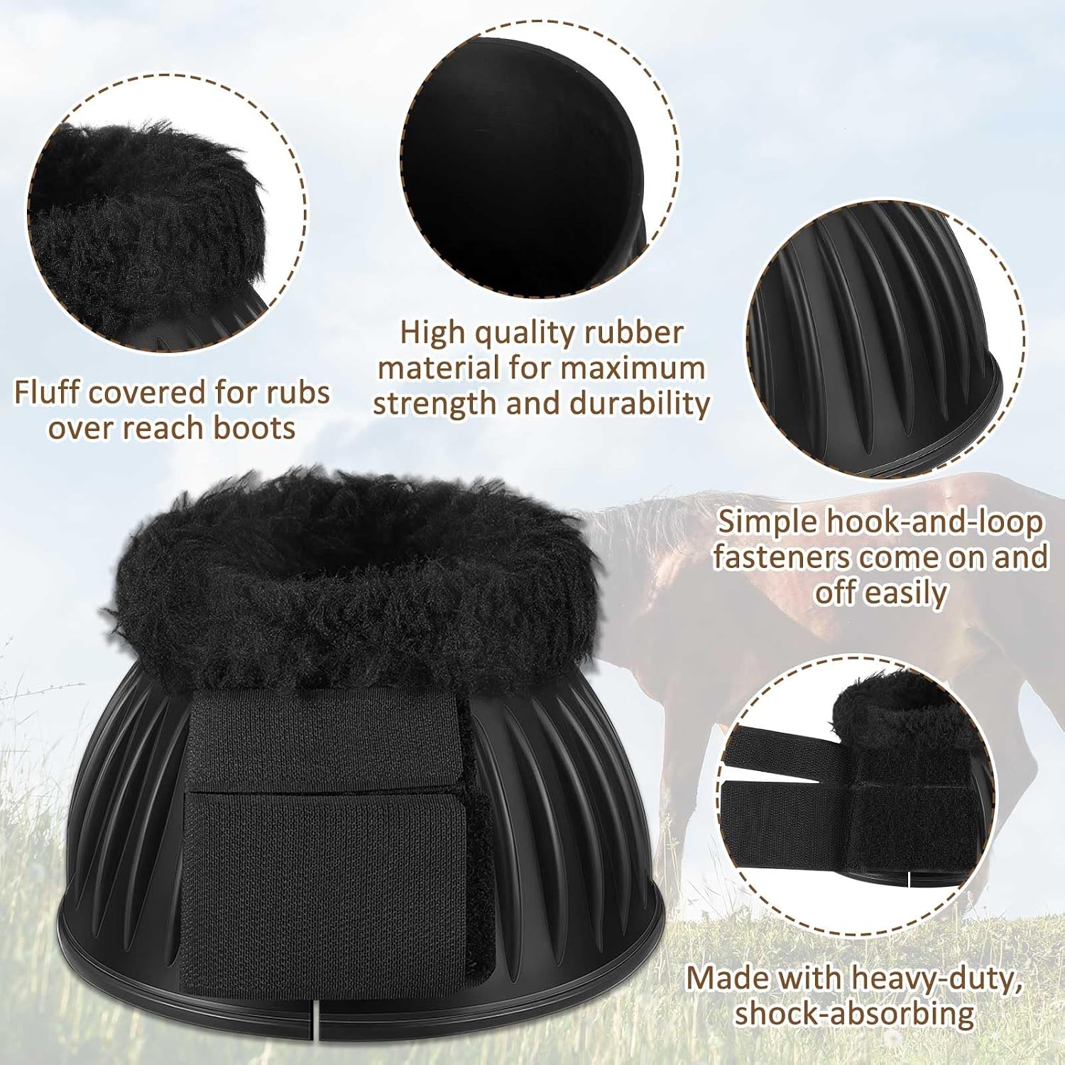 Abbylike large size black horse boots with measurements for equine ankle fitting.