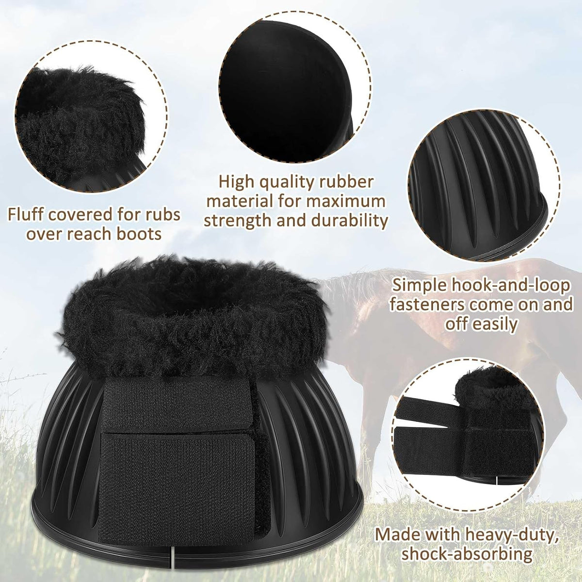 Abbylike large size black horse boots with measurements for equine ankle fitting.