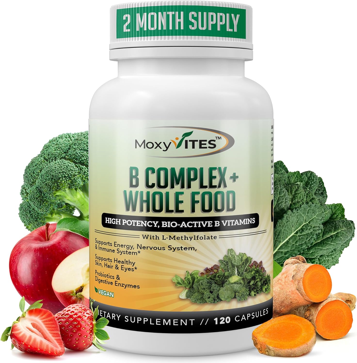 MoxyVites Vitamin B Complex 120 capsules front view showing whole food supplement bottle