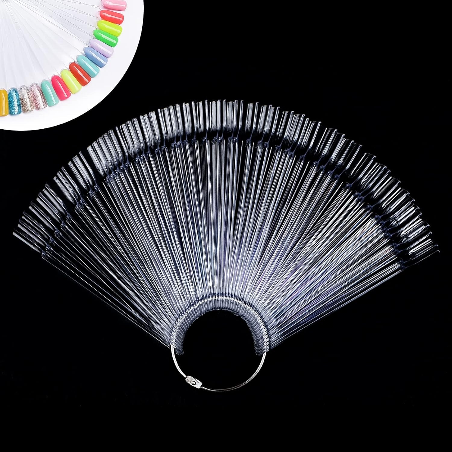 AZUREBEAUTY 50 clear nail sticks fanned out on a metal ring for color display