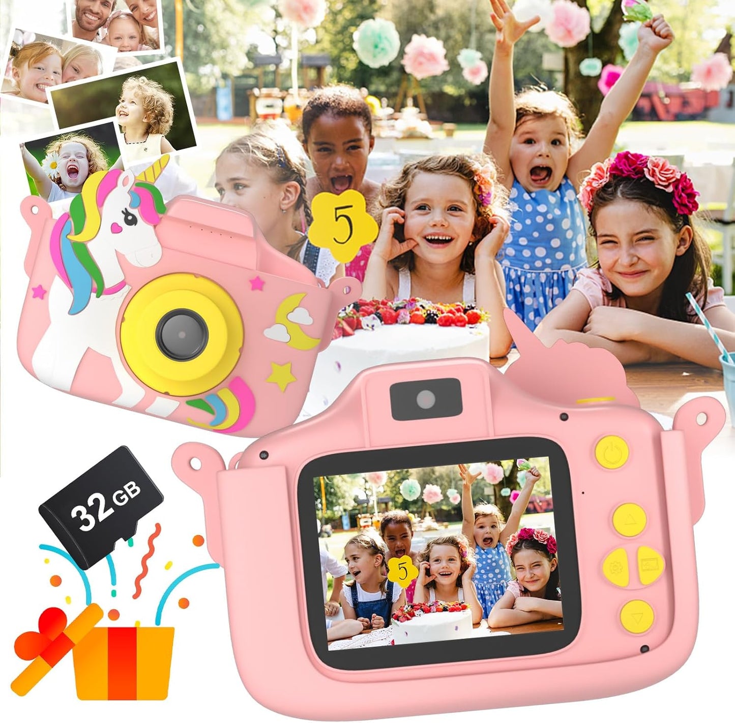 TidyneSS kids digital selfie camera front view showing pink unicorn cover