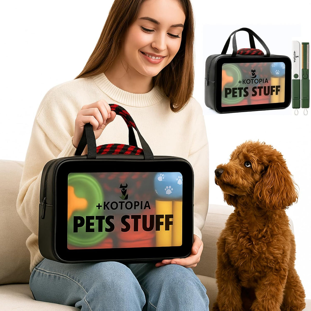 Side profile of pet grooming tote with organizer compartments