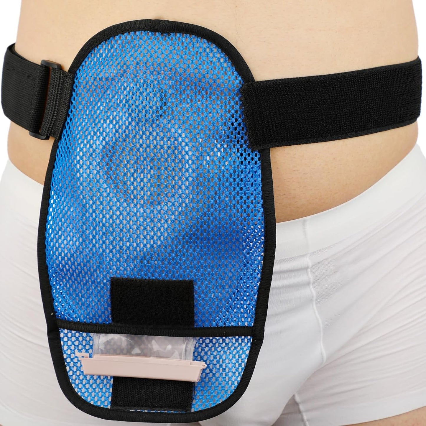 EaseCare Ostomy Bag Cover front view showing breathable blue mesh material.