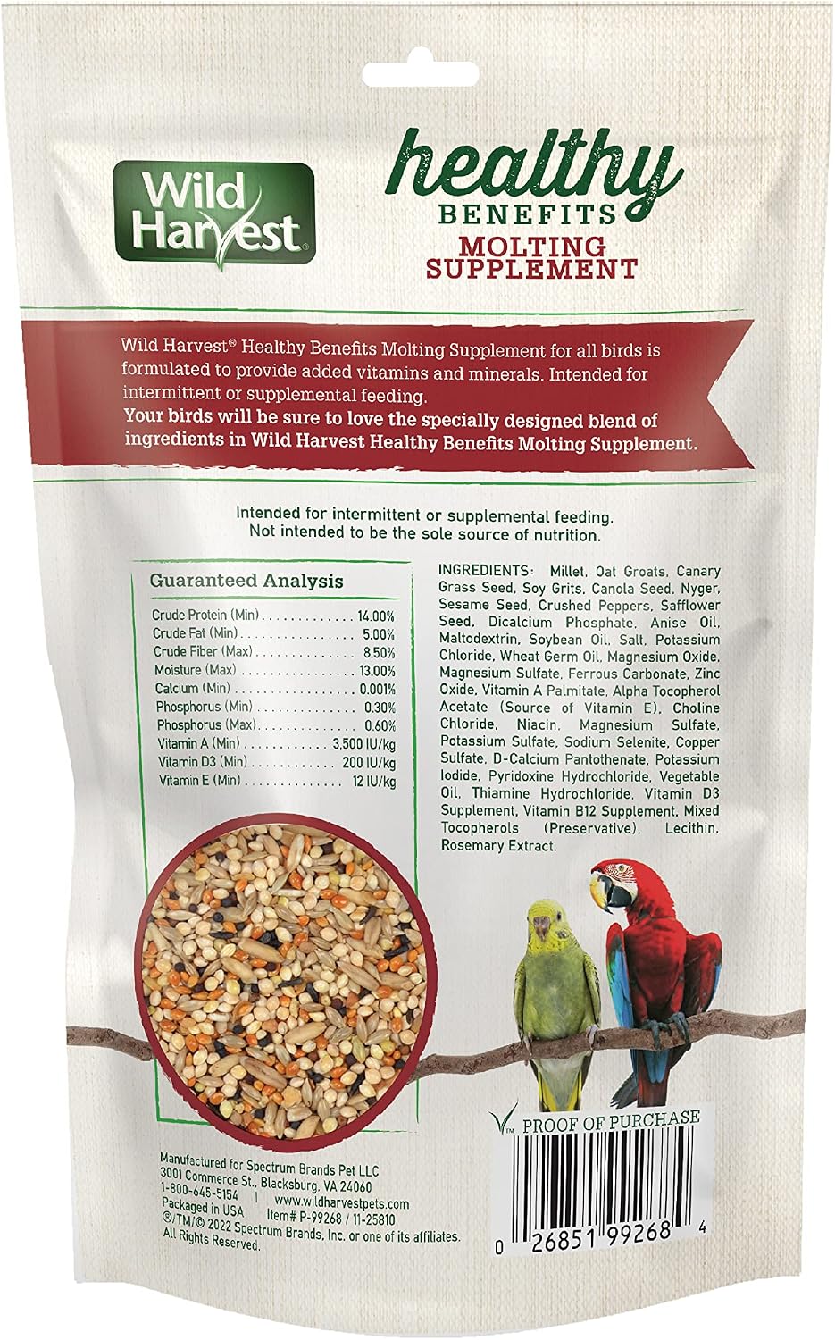 Wild Harvest bird molting supplement bag packaging details