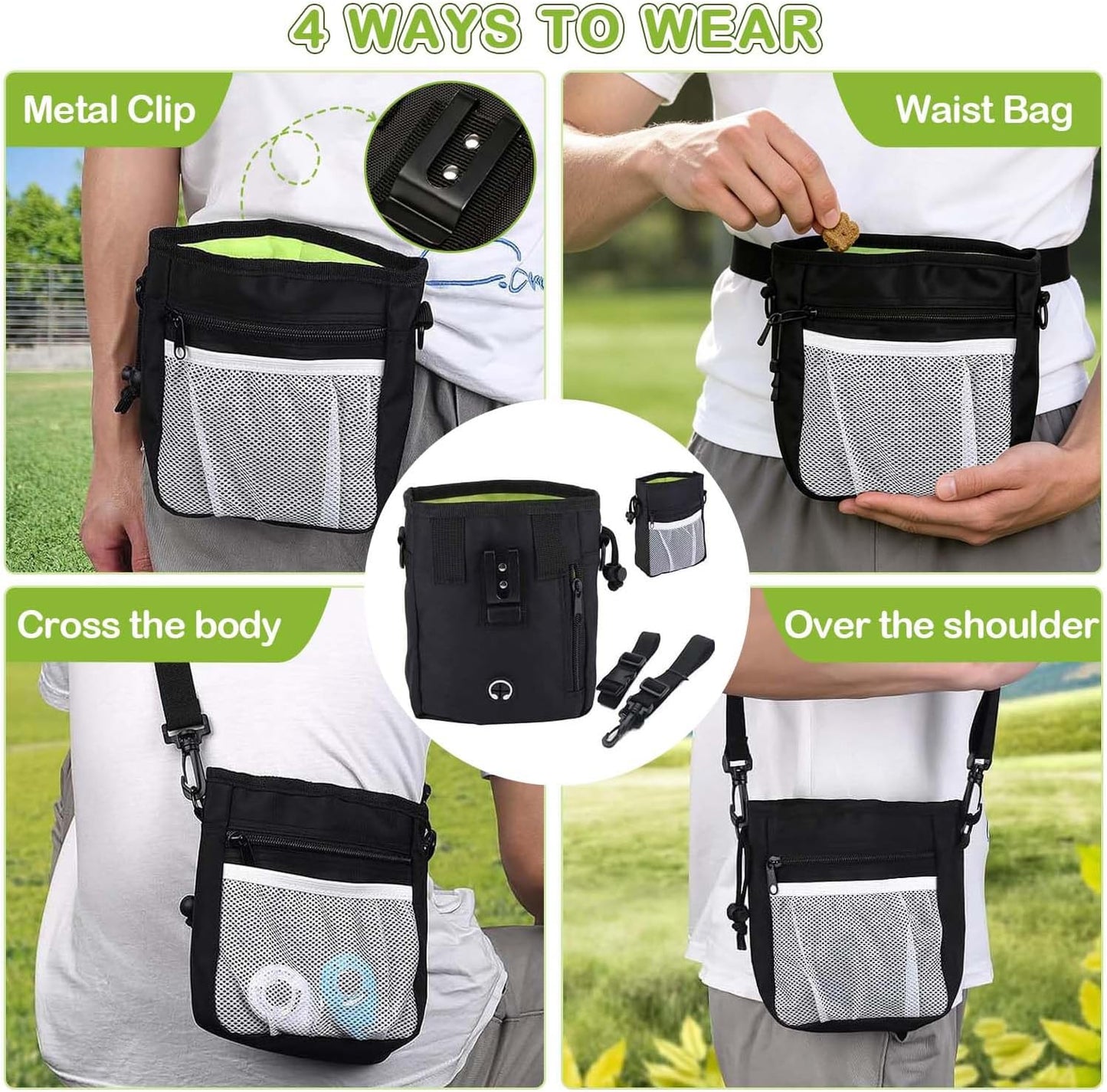 Durable dog walking waist bag displaying the integrated side poop bag dispenser