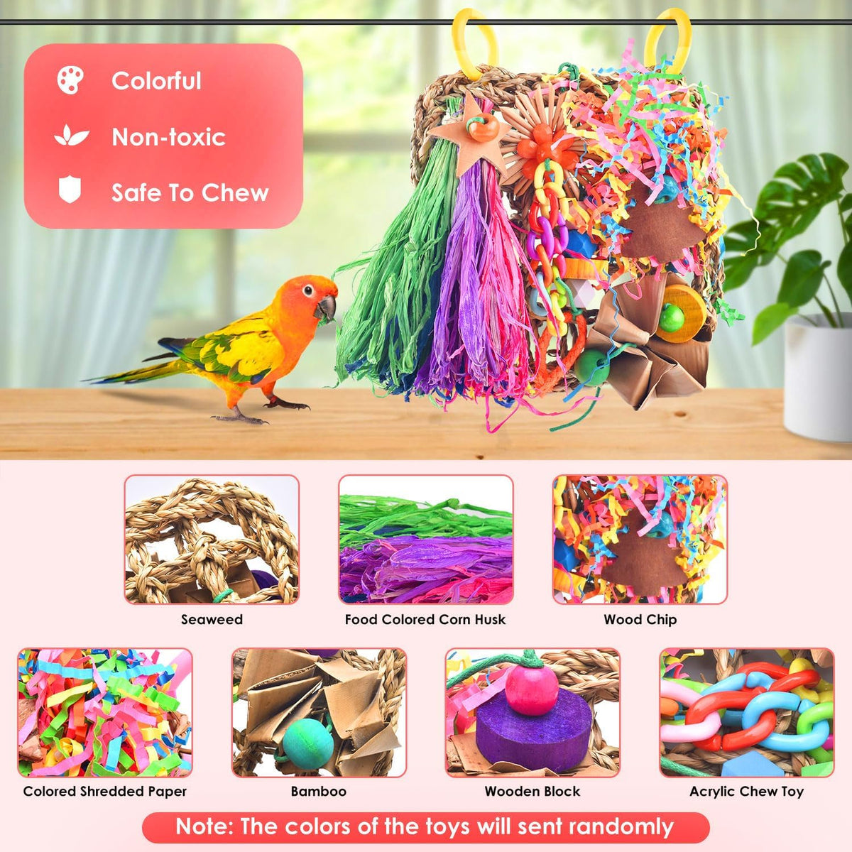 Close up of shreddable paper and wooden blocks on bird foraging mat