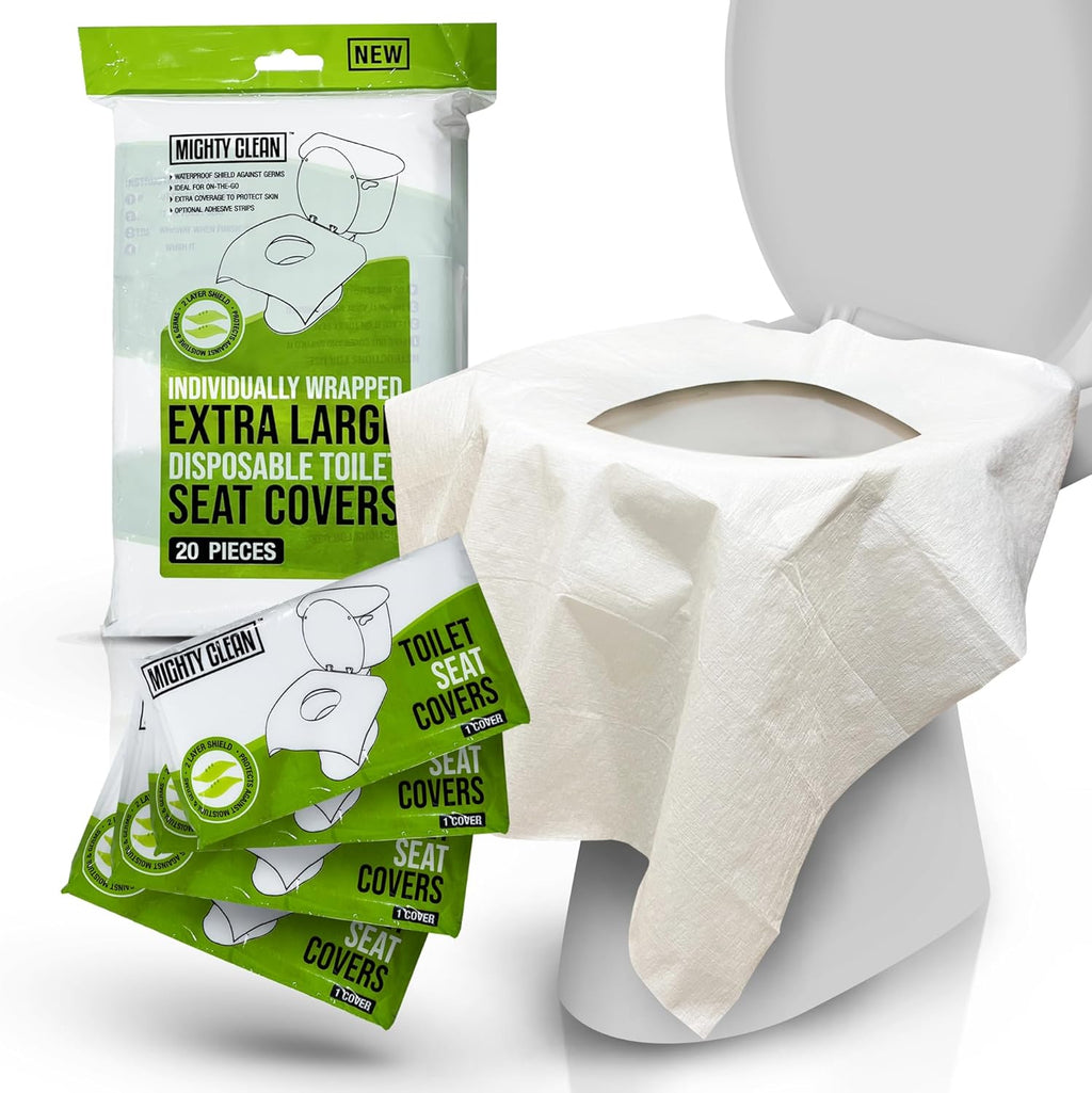 Mighty Clean XL Disposable Toilet Seat Covers front packaging view showing the twenty count box for travel hygiene.