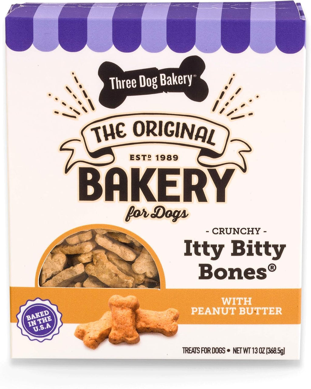 Artisanal crunchy dog treats manufactured in the United States.