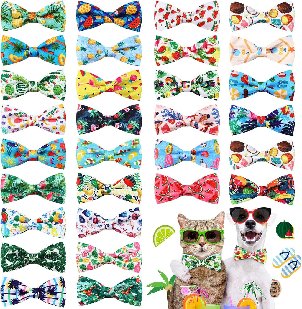 Talltalk Hawaiian Dog Collar Bow Ties front view showing colorful tropical patterns for pet grooming.