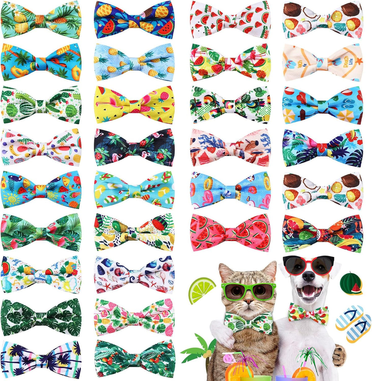 Talltalk Hawaiian Dog Collar Bow Ties front view showing colorful tropical patterns for pet grooming.