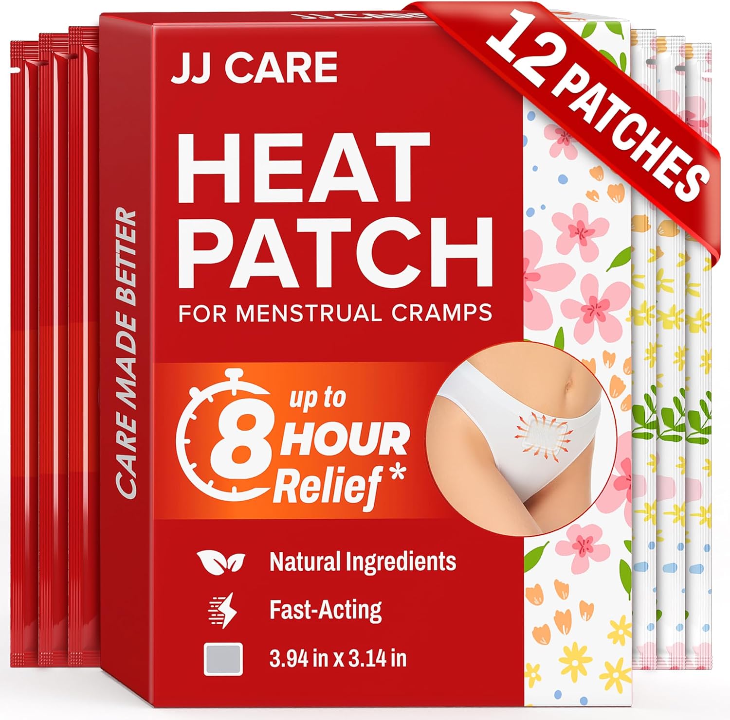 JJ CARE Heat Patch for Menstrual Cramp Relief twelve pieces packaging front view