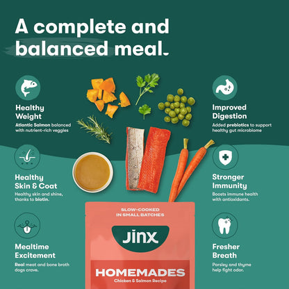 Jinx dog food meal mixer showing natural ingredients like pumpkin and carrots
