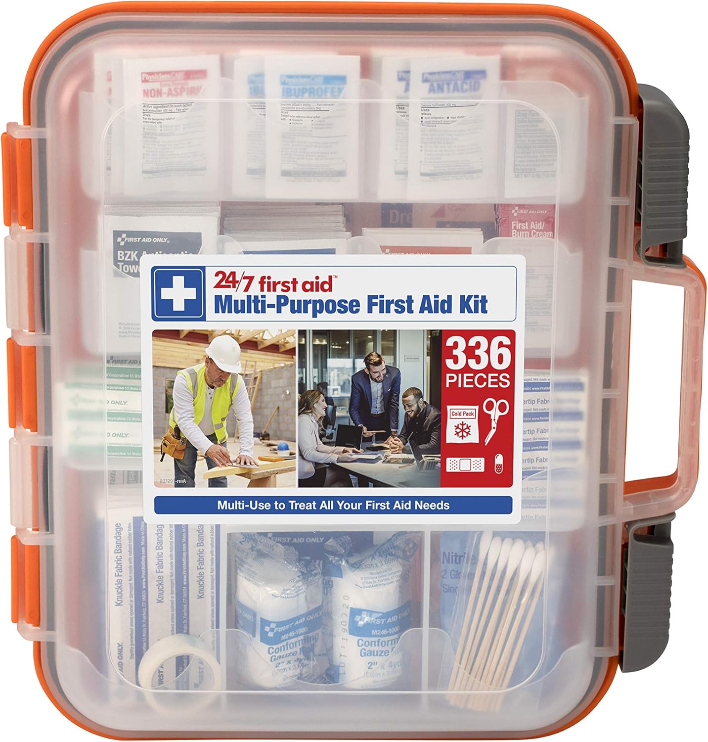 24/7 First Aid OSHA Compliant Kit front view showing 336 pieces in plastic case.