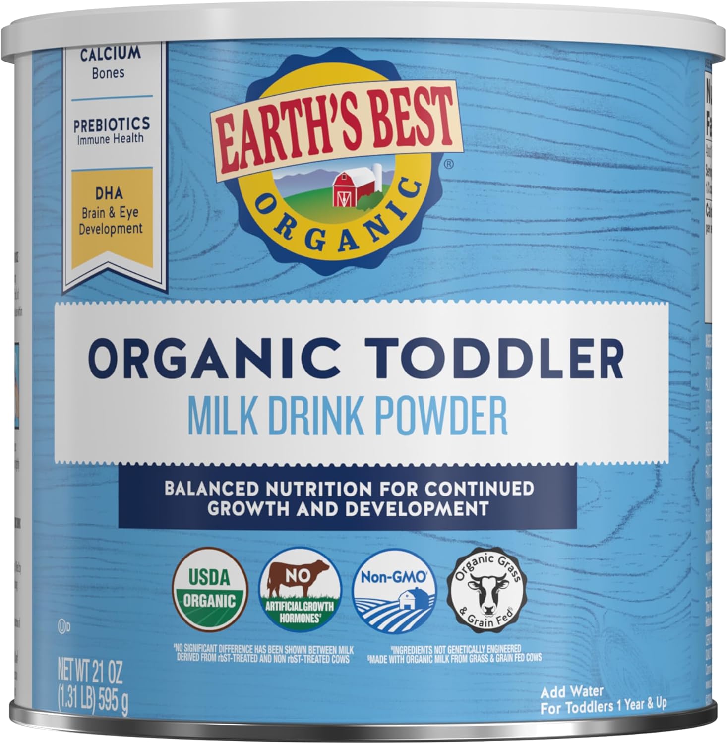 Earth's Best Organic Toddler Milk Powder twenty one ounce container front view showcasing the packaging.