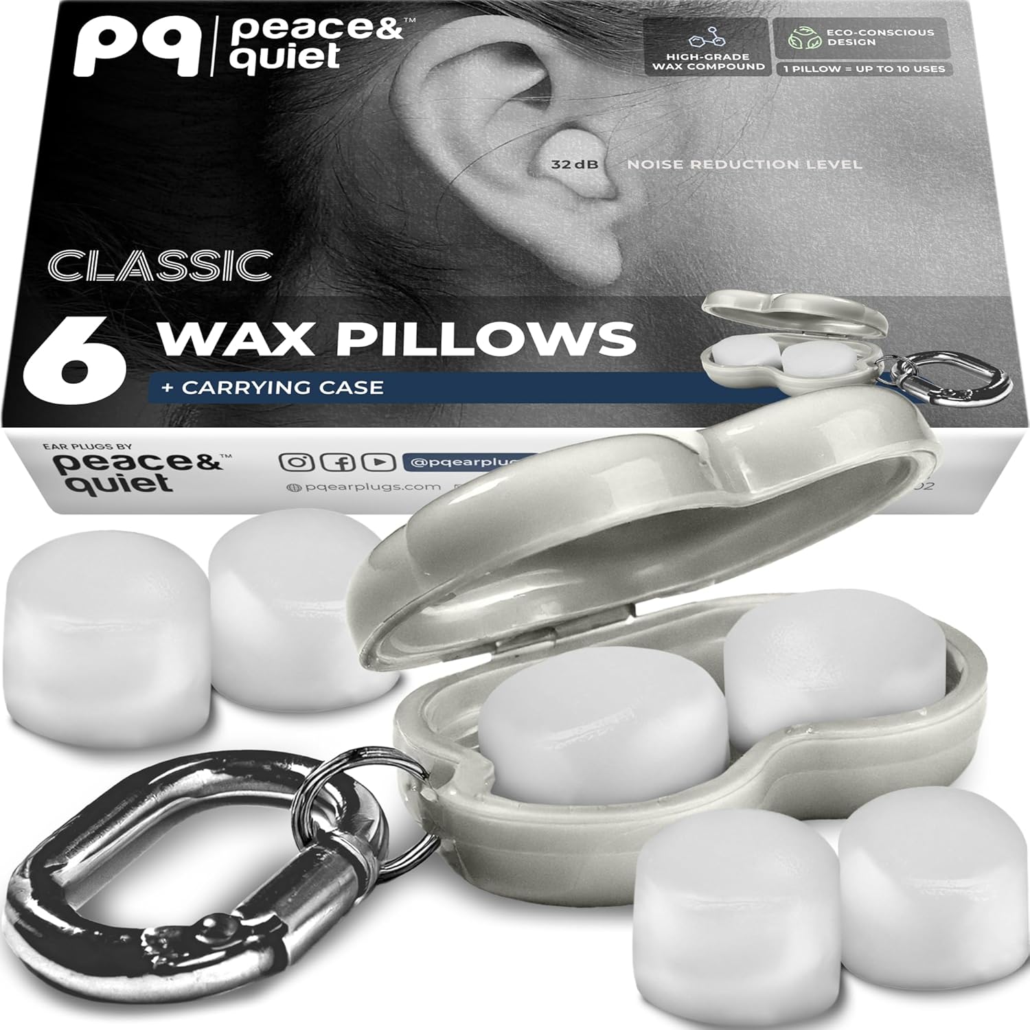 Peace And Quiet PQ wax ear plugs white front view packaging with six pillows for sleeping noise cancellation.