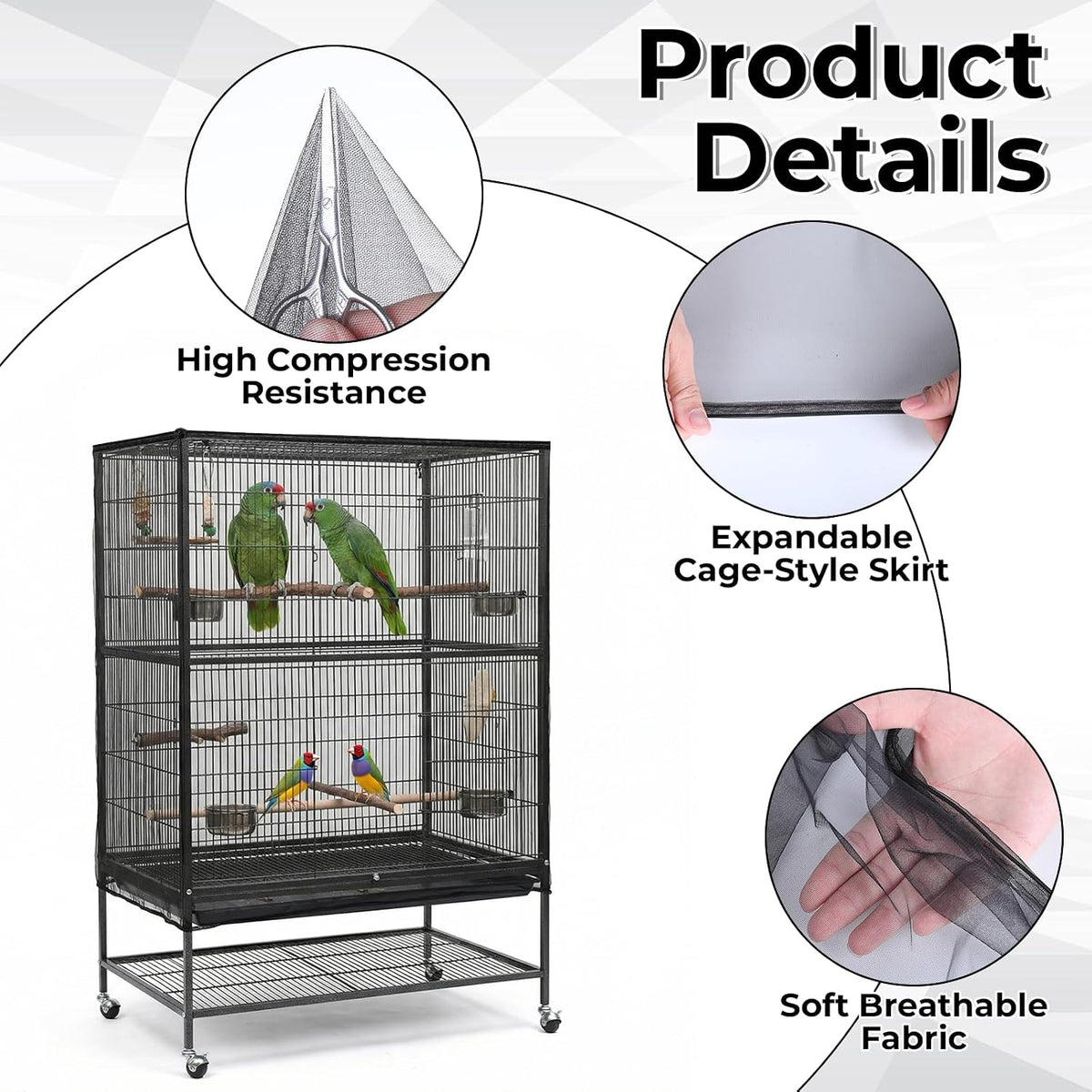 Black mesh birdcage netting installed on a large parrot cage