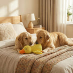 Dog playing with interactive quacking duck plush toy