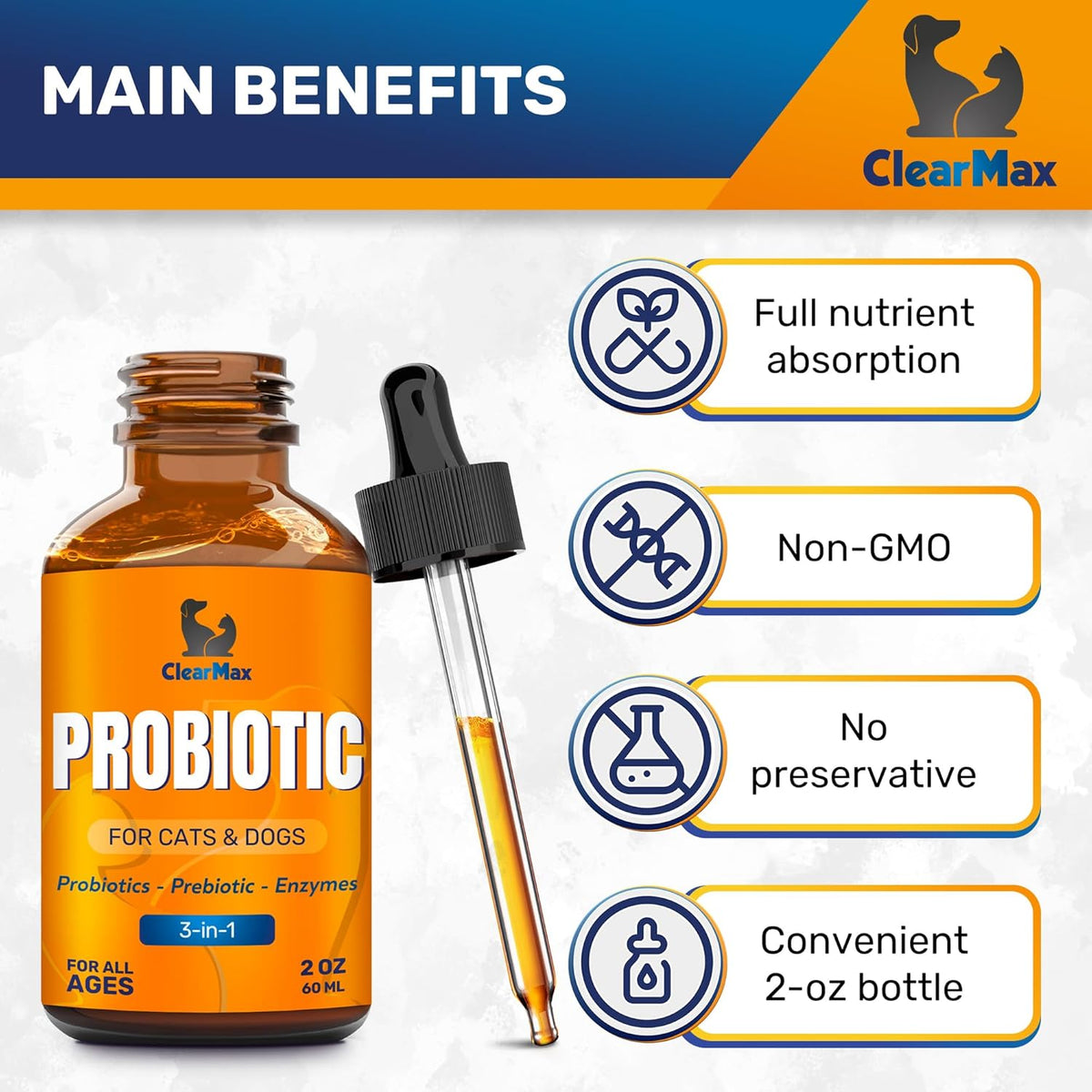 Clear Max liquid digestive support bottle showing weight based daily dosage instructions