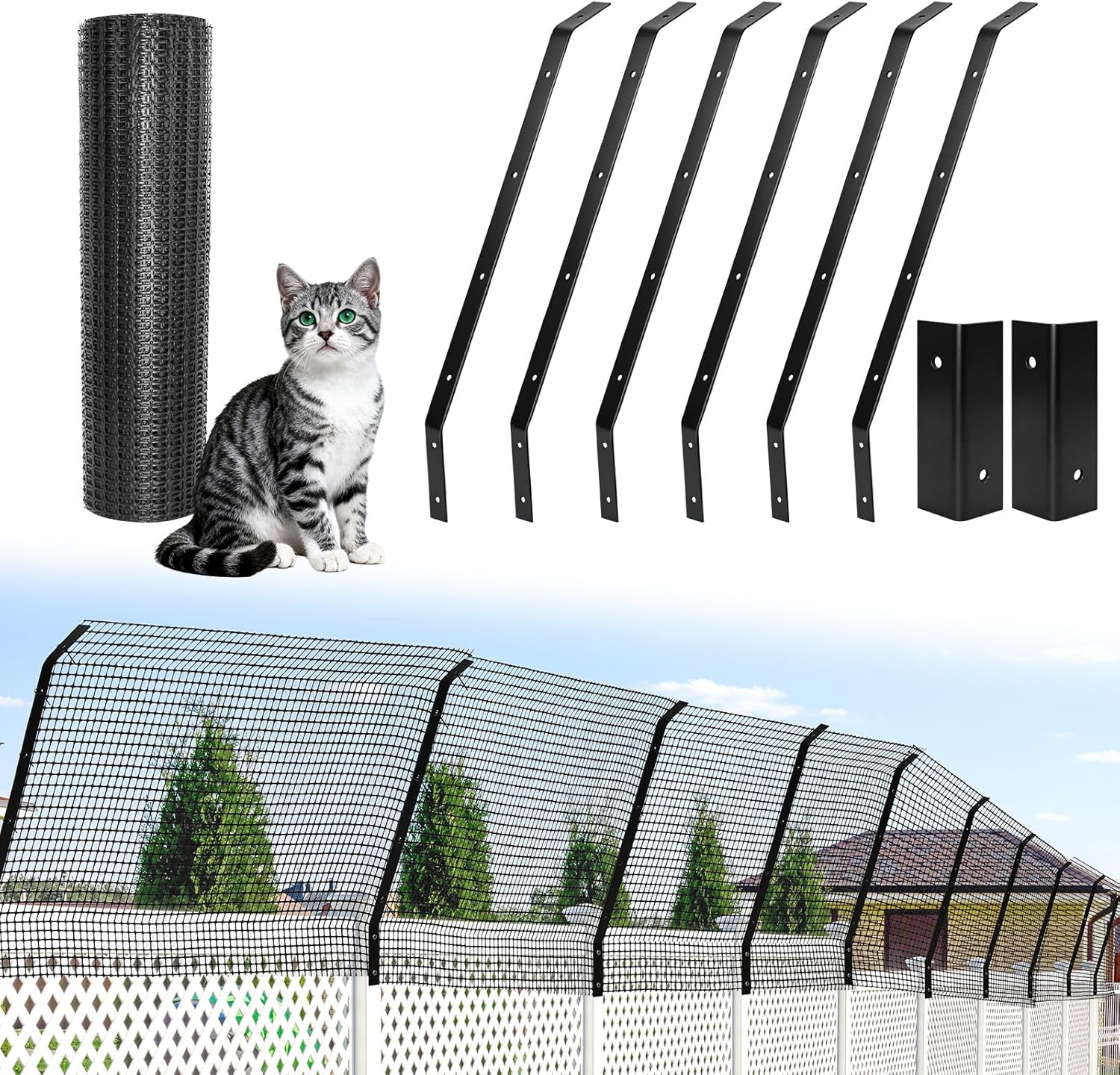 Primal Purr Cat Fence Outdoor Barrier 33FT front view on garden fence