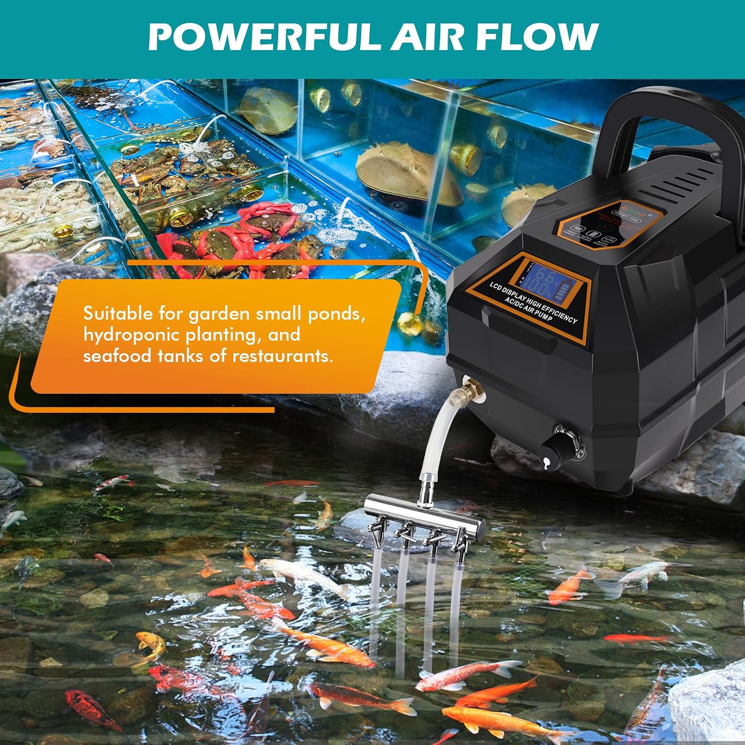 Side view of Hygger portable air pump showing shock-absorbing feet