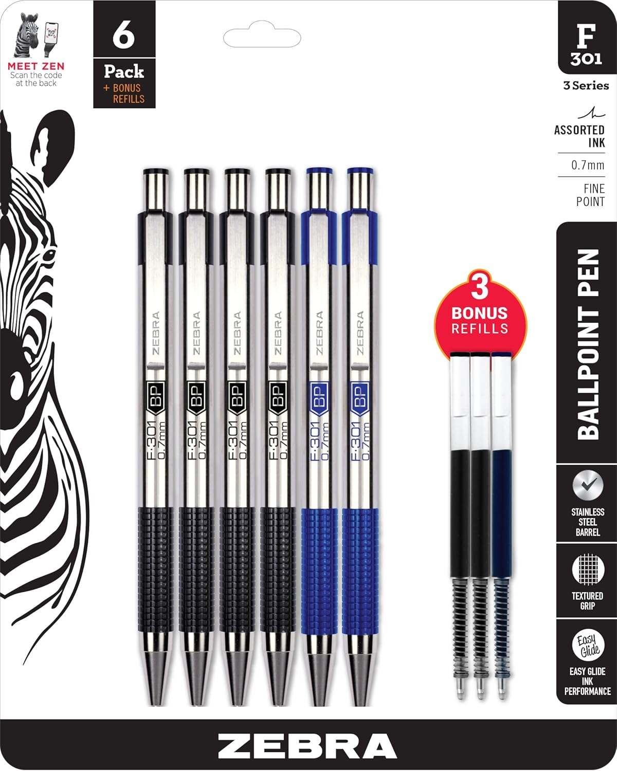 Zebra Pen F-301 Ballpoint Blue Ink Fine Point 0.7mm Pen, Easy-Glide Ink, Stainless Steel Retractable, Non-Slip Grip, Professional Design, Ideal for Office, Journal and Planner Use, 2-Pack (27122) - Image 10