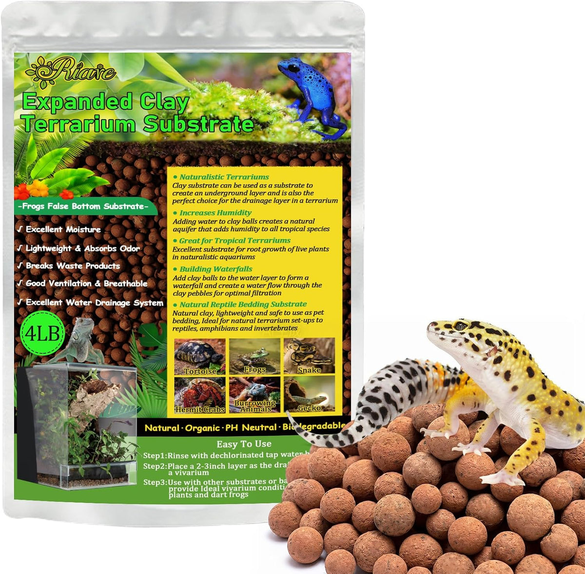 Riare 10LBS Expanded Clay Balls Terrarium Substrate for Reptiles - 100% Organic Lightweight Clay Pebbles Substrate Frogs False Bottom Substrate, Bioactive Terrarium Substrate for Drainage and Moisture - Image 9