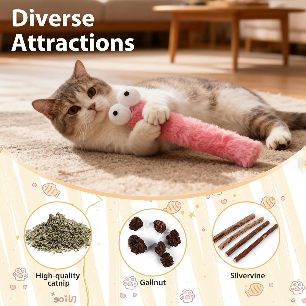 Close up of Kiroyal cat toy caterpillar face design