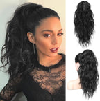 Flufymooz 18 Inch Claw Clip Ponytail Extension front view showing natural black wavy curls.
