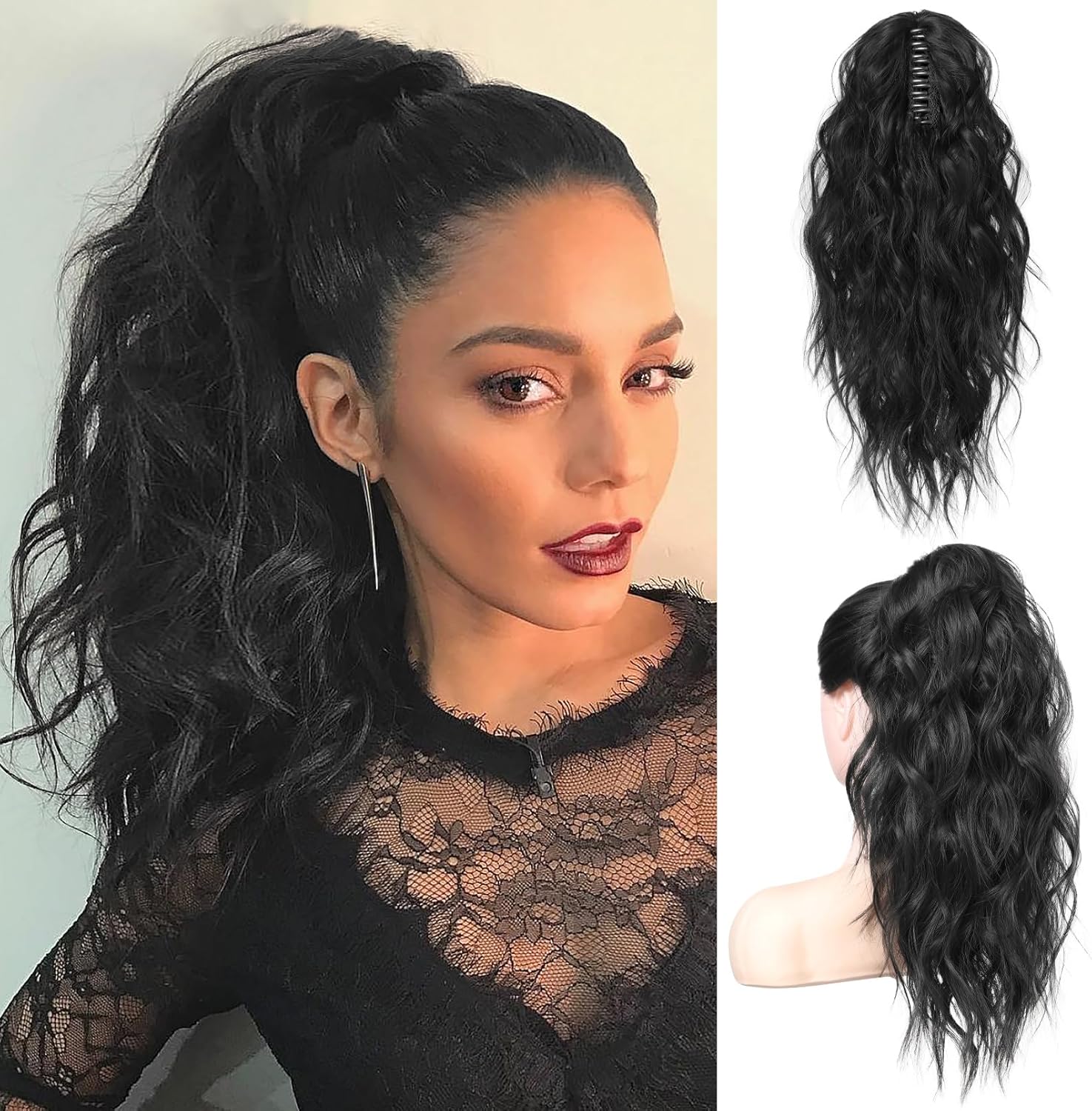 Flufymooz 18 Inch Claw Clip Ponytail Extension front view showing natural black wavy curls.
