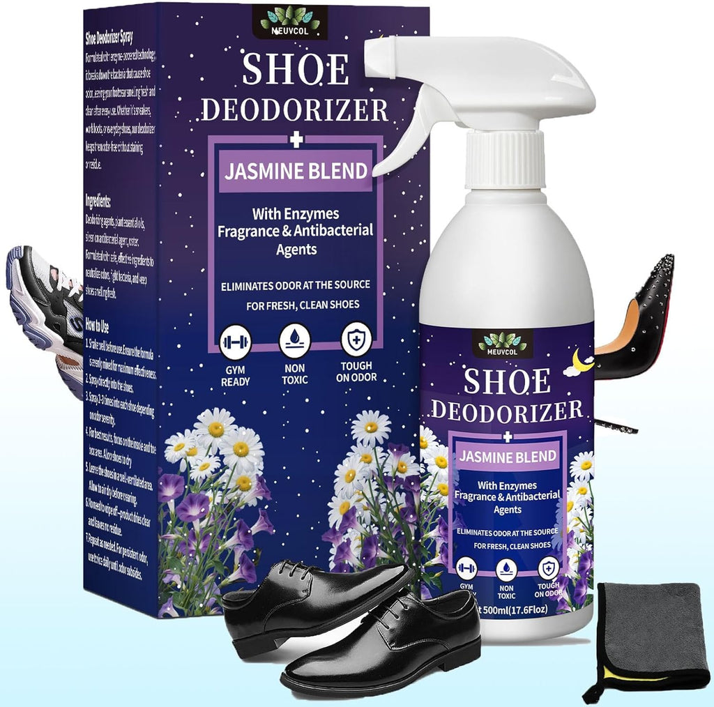 Meuvcol Shoe Deodorizer Spray front view of the 17.6 fluid ounce bottle highlighting powerful odor elimination for stinky footwear