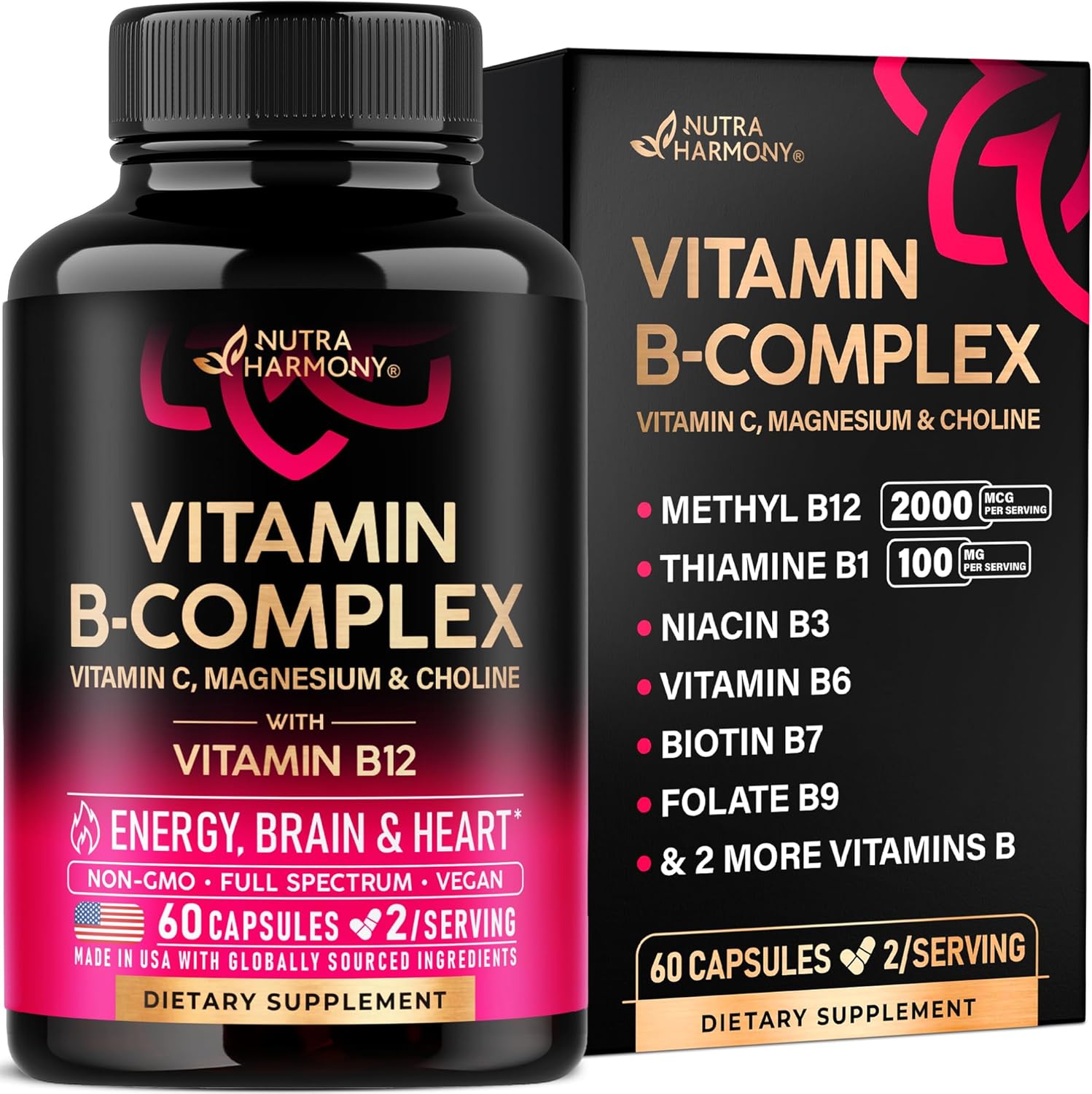 Nutraharmony Vitamin B Complex vegan 60 capsules front view bottle showing energy and brain support labels