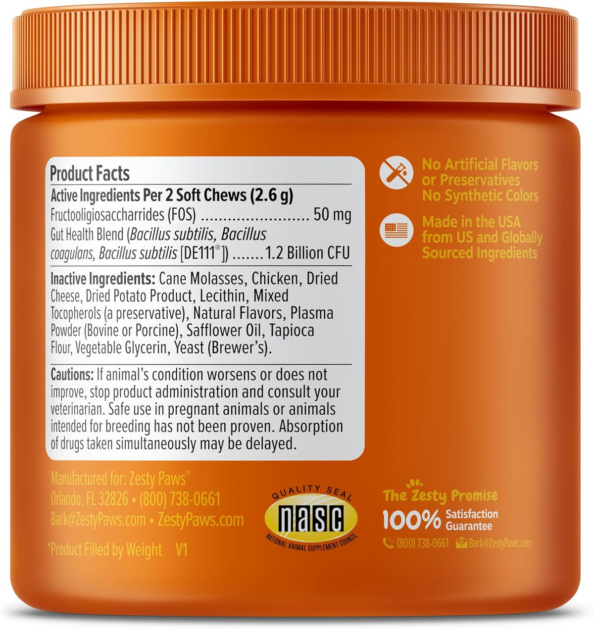 USA imported Zesty Paws cat probiotic soft chews nutritional label view