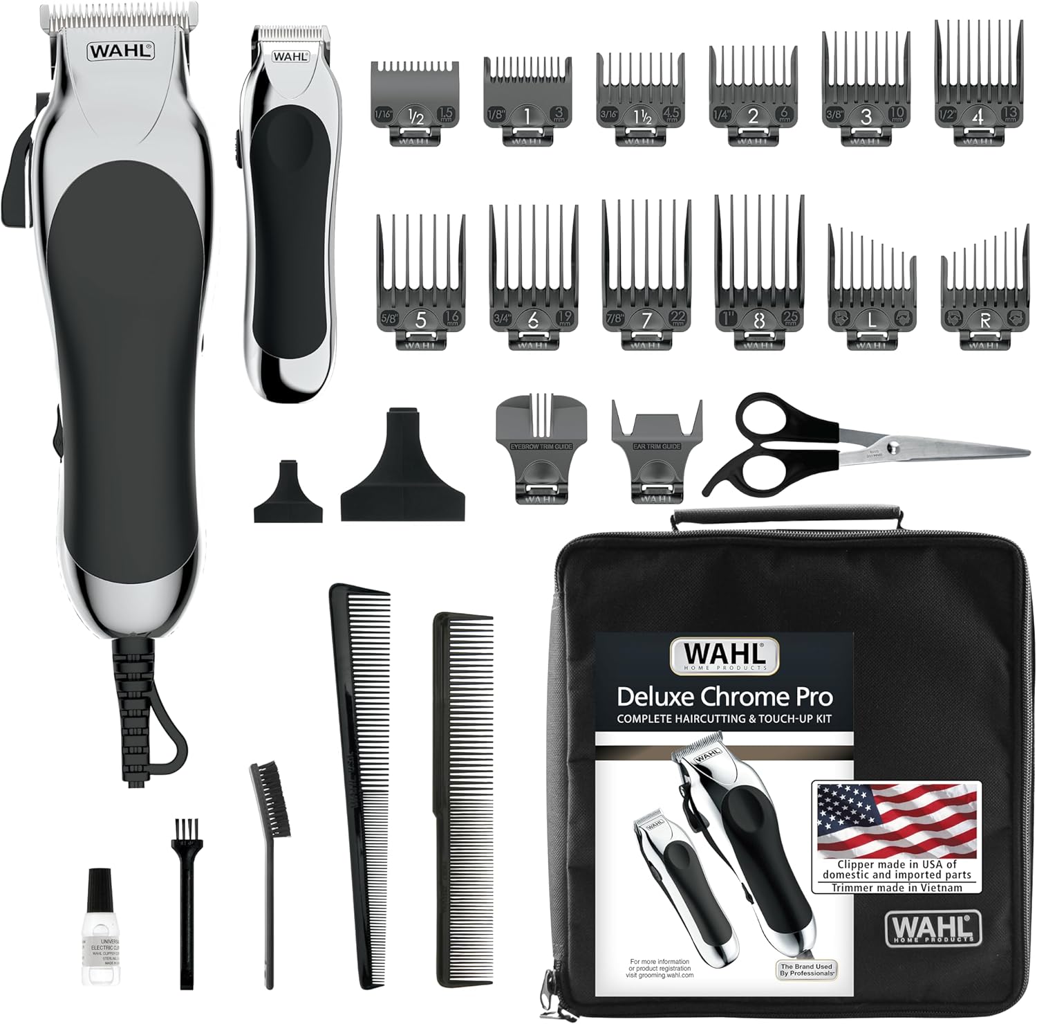 Wahl Deluxe Chrome Pro complete haircutting kit front view showcasing the silver corded clipper and mini trimmer