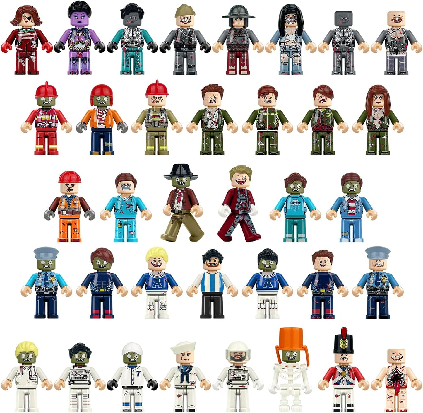 EconoLED zombie minifigures pack front view showing thirty-six unique horror characters