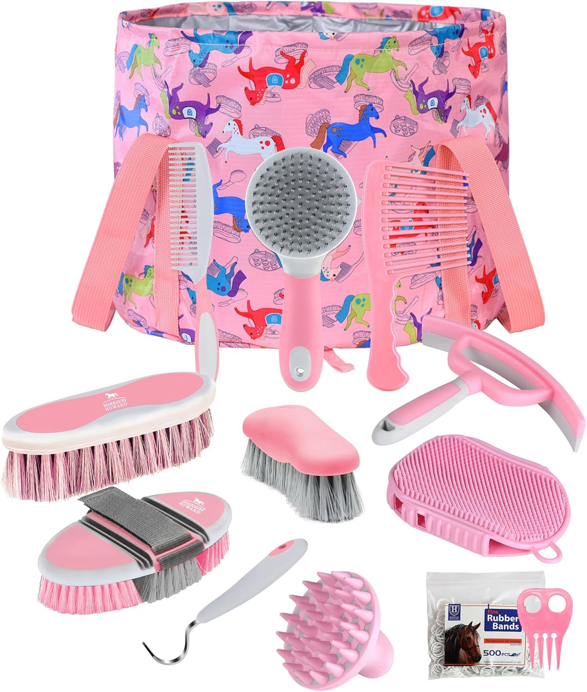 Harrison Howard Complete Horse Grooming Set, 11-Piece Advanced Daily Grooming Tools with Extra Brushes for Full Horse Care Black Brushstroke Ponies - Image 10
