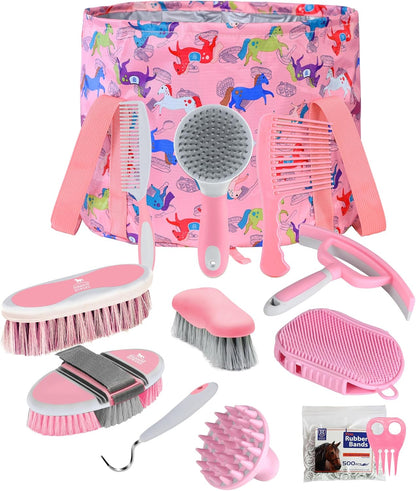 Harrison Howard Complete Horse Grooming Set, 11-Piece Advanced Daily Grooming Tools with Extra Brushes for Full Horse Care Black Brushstroke Ponies - Image 10