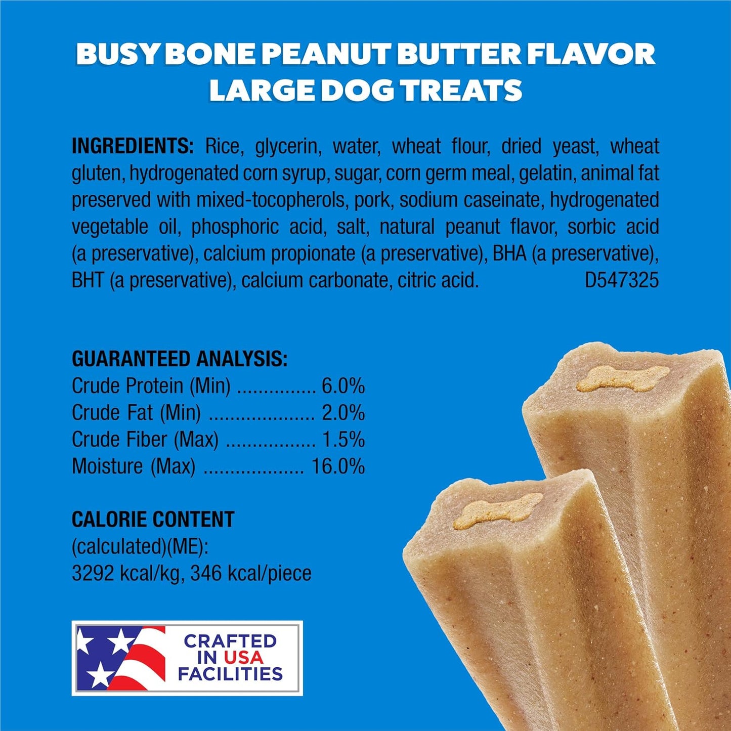 Purina Busy Bone imported pet treat packaging emphasizing the peanut butter flavor attributes.