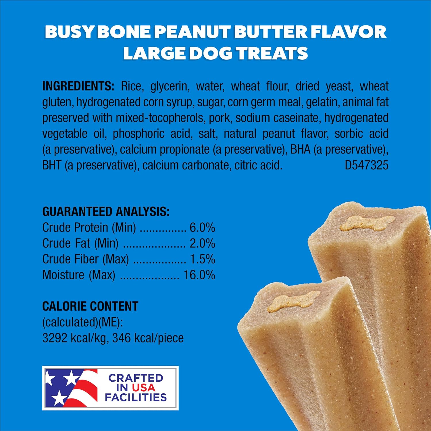 Purina Busy Bone imported pet treat packaging emphasizing the peanut butter flavor attributes.