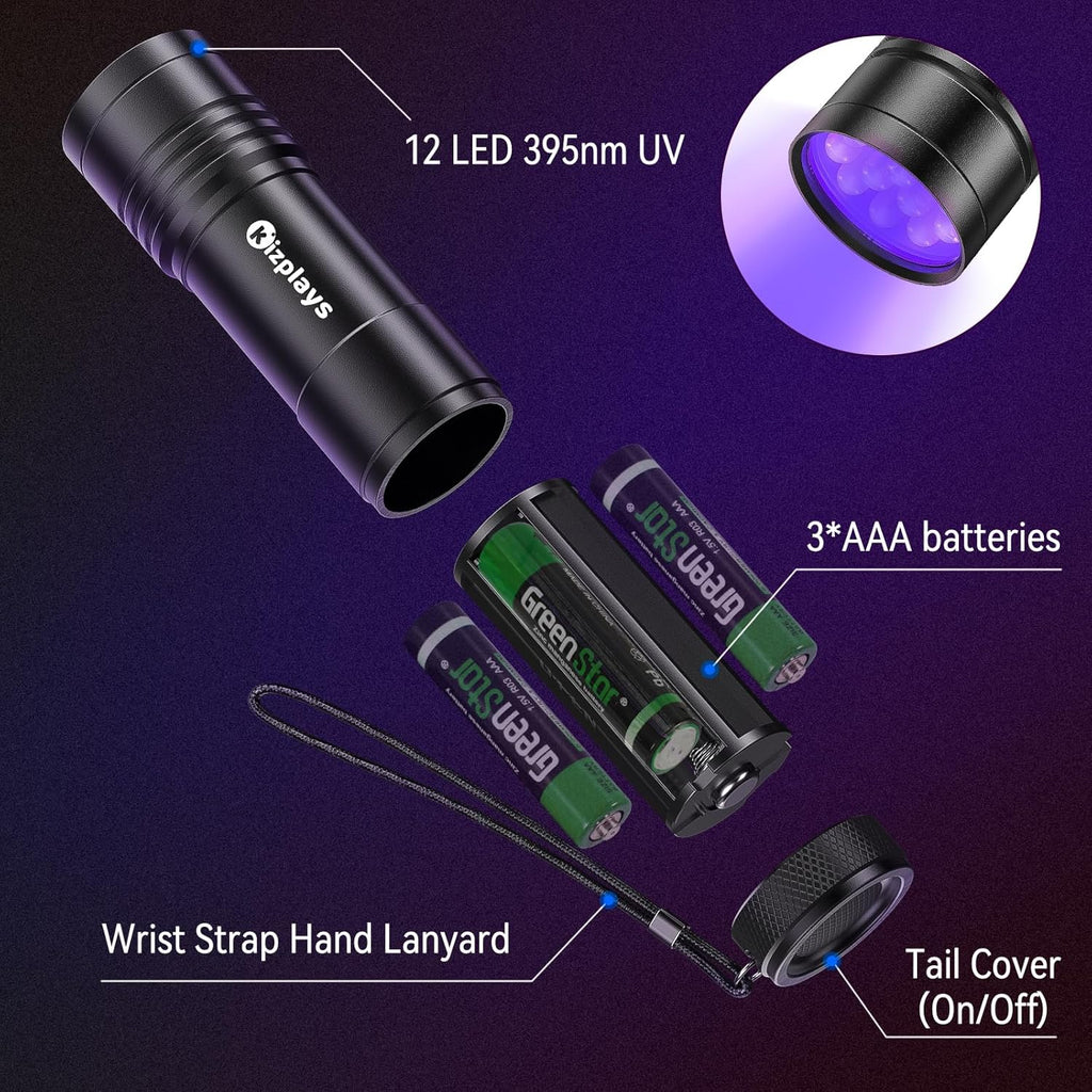 Handheld ultraviolet stain detector showing twelve light emitting diode bulbs close up.