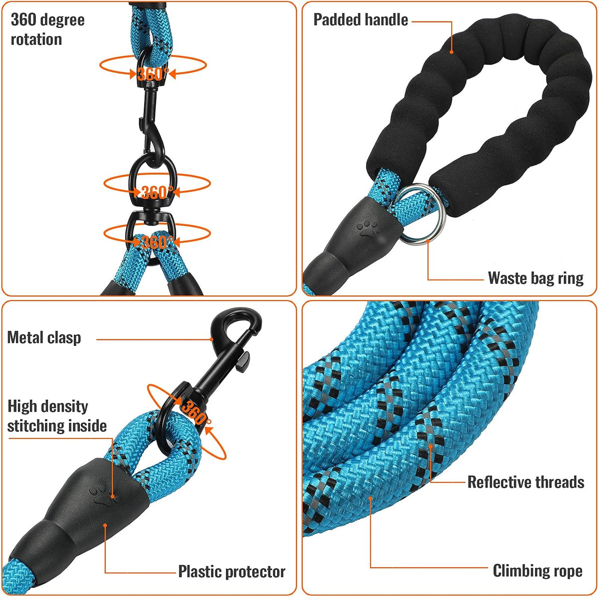 Gokotta reflective dual dog rope leash showcasing the woven safety threads in low light