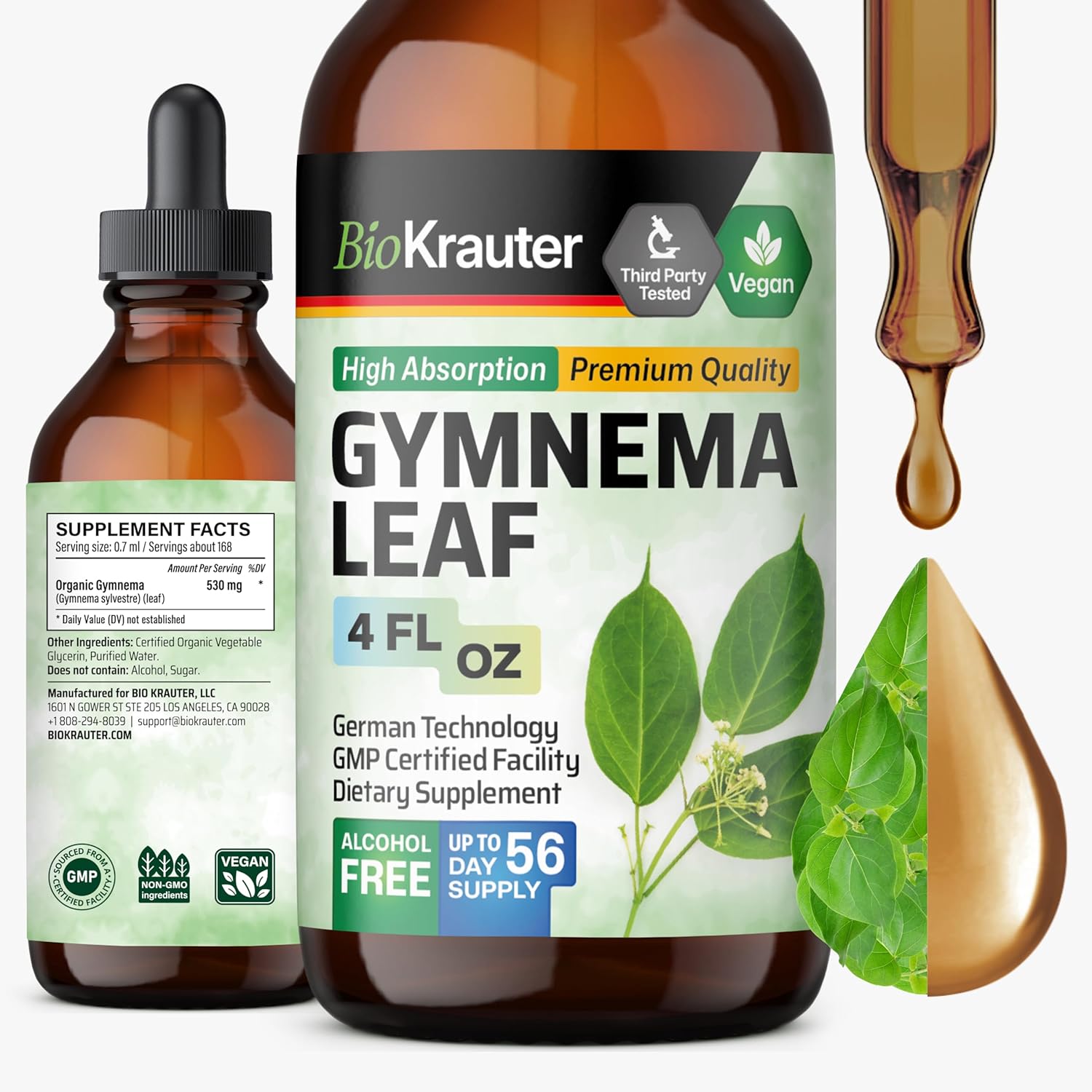 BIO KRAUTER Gymnema Sylvestre Liquid Drops 4 fluid ounce front view for glucose metabolism support