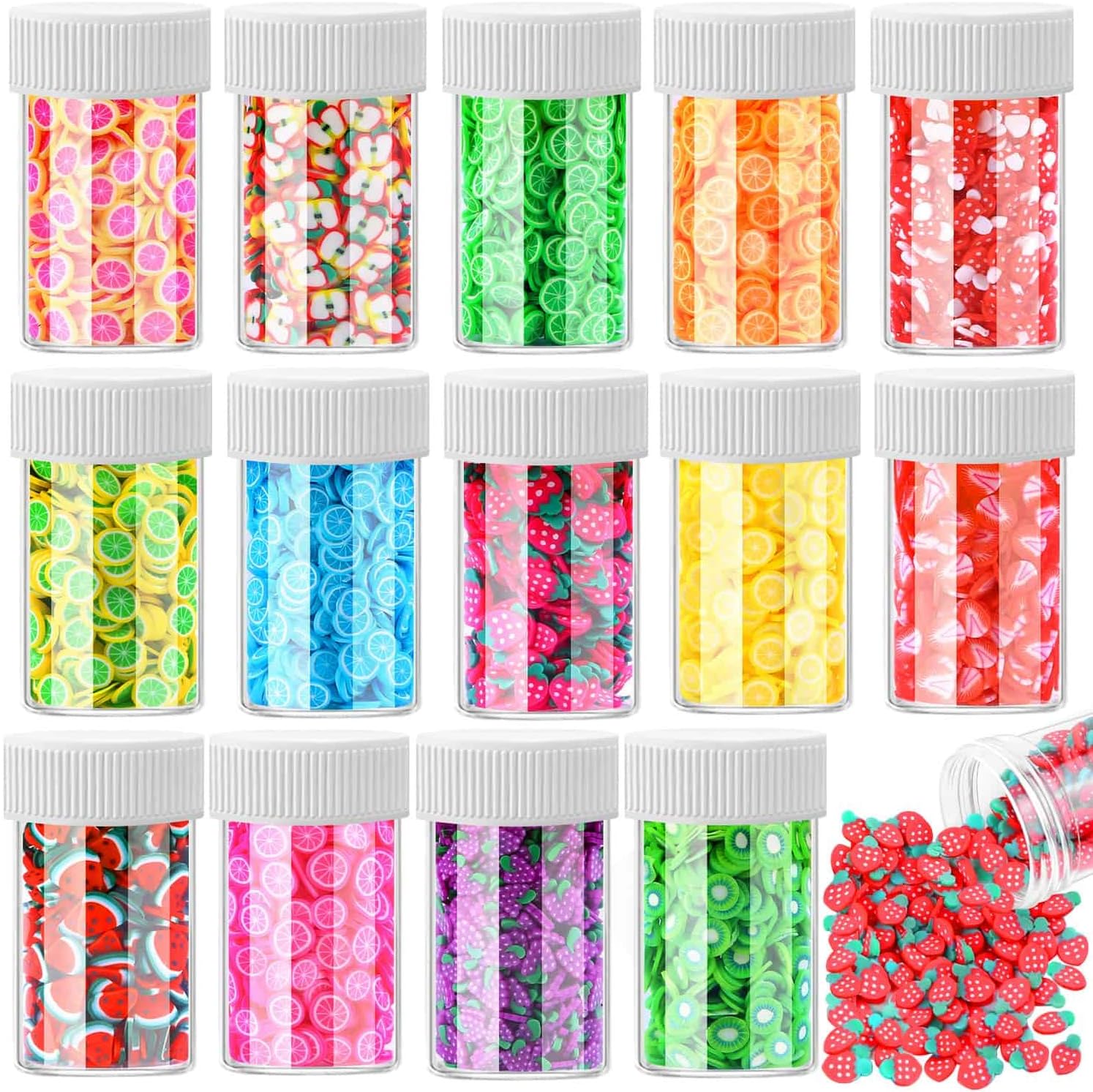 Acejoz 12000 Pieces Assorted Fimo Slices kit front view showcasing fifteen clear storage bottles filled with multi-colored fruit shapes.