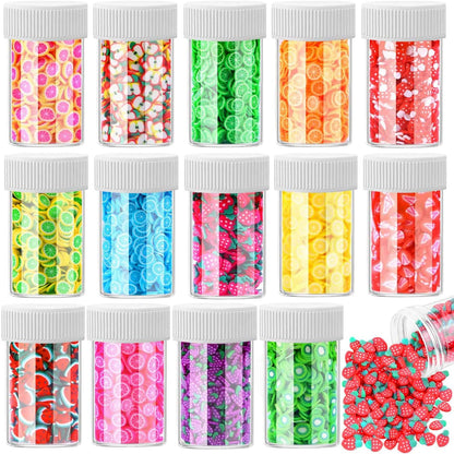 Acejoz 12000 Pieces Assorted Fimo Slices kit front view showcasing fifteen clear storage bottles filled with multi-colored fruit shapes.