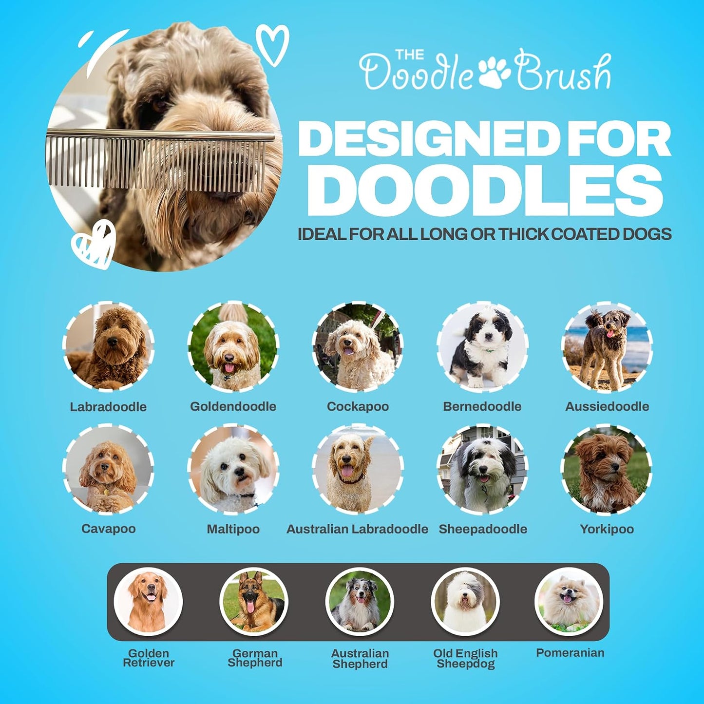 Dematting pet comb by The Doodle Brush highlighting the wide and fine spacing design.