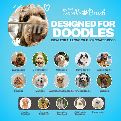 Dematting pet comb by The Doodle Brush highlighting the wide and fine spacing design.