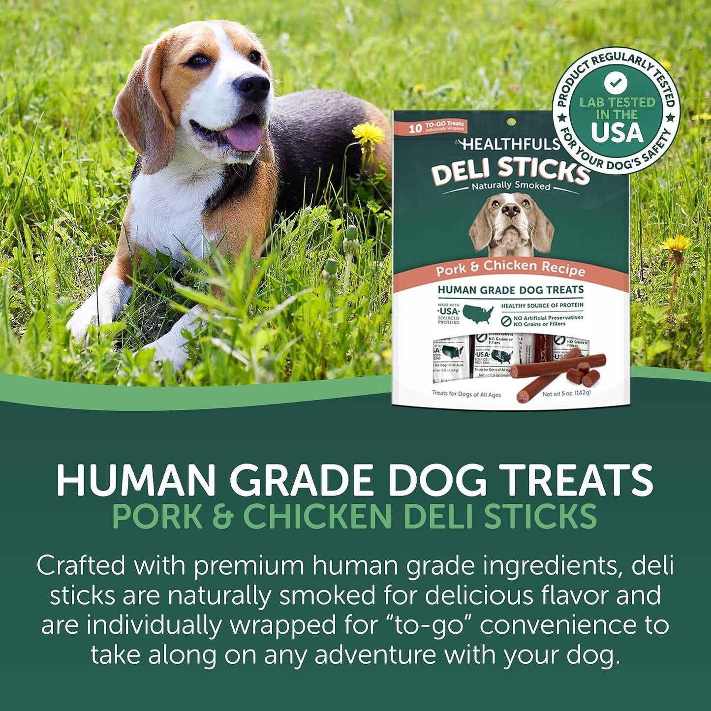 Healthfuls Deli Sticks showing human-grade pork and chicken label