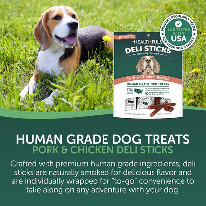 Healthfuls Deli Sticks showing human-grade pork and chicken label