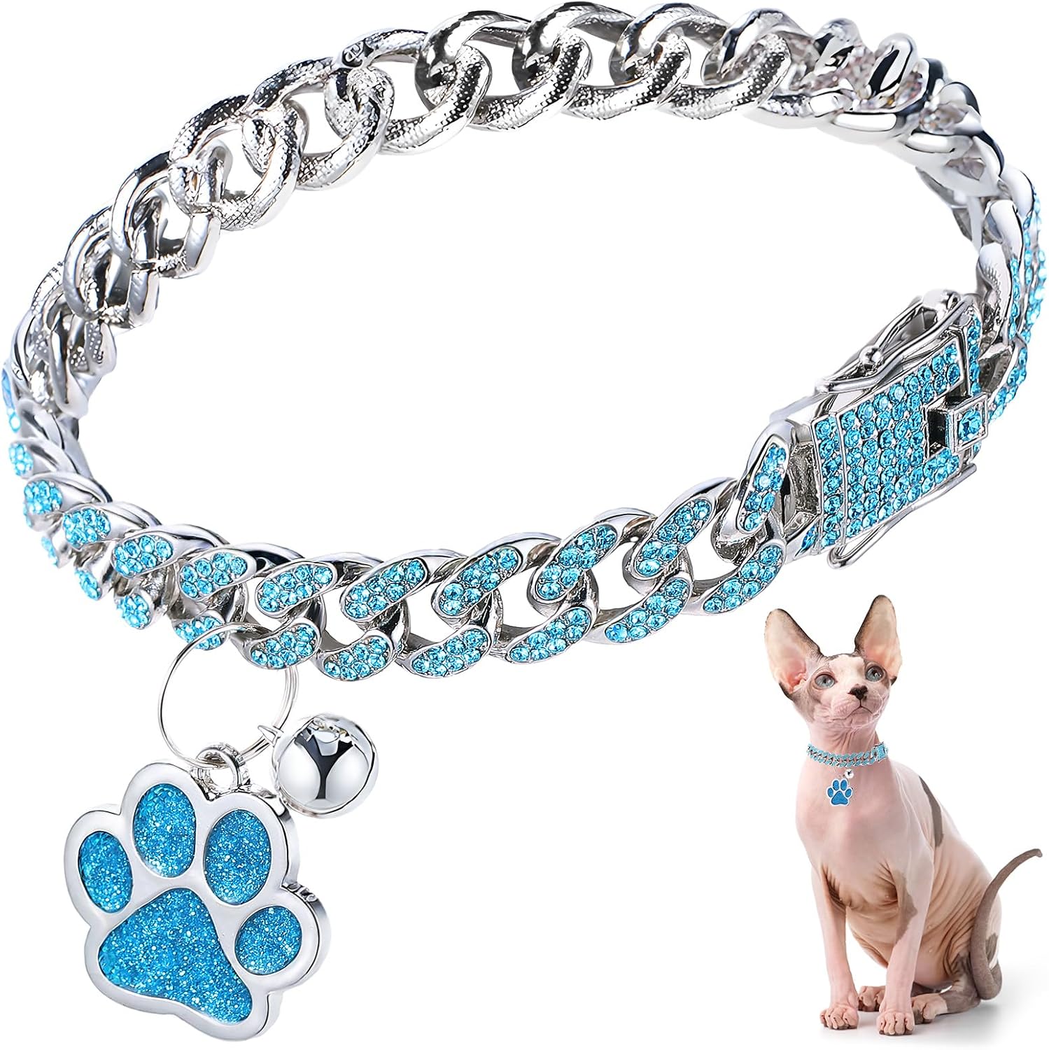 Hillban Cat Collar Diamond Chain Glitter Collar Walking Metal with Secure Buckle Cat Pet Necklace with Paw Charm and ID Tag Bell Link Cuban Jewelry Accessories Gift(10 Inch,Gold) - Image 10